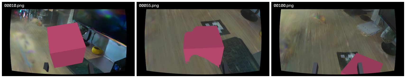 The Gaussian splat, rendered from three points along a wrist trajectory. No gripper or object drawn yet.