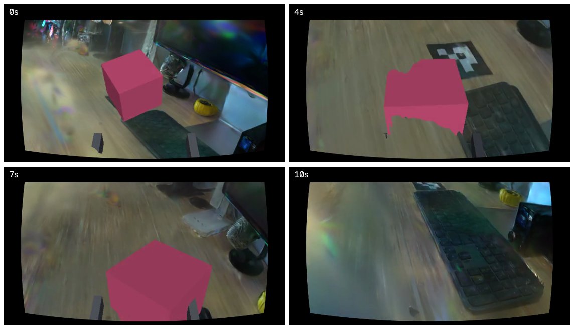 The finished wrist view: the splat rendered through the virtual wrist camera, with the gripper and object composited in.